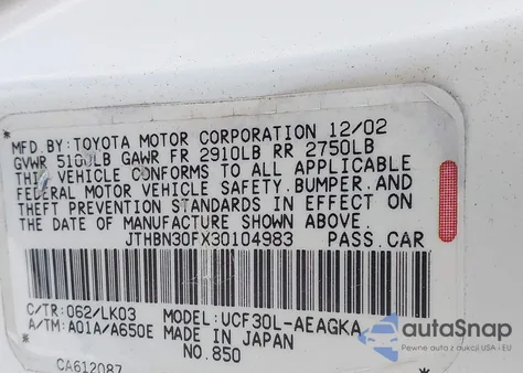 2003 Lexus Ls 430 z USA, uszkodzony, nr VIN JTHBN30FX30104983